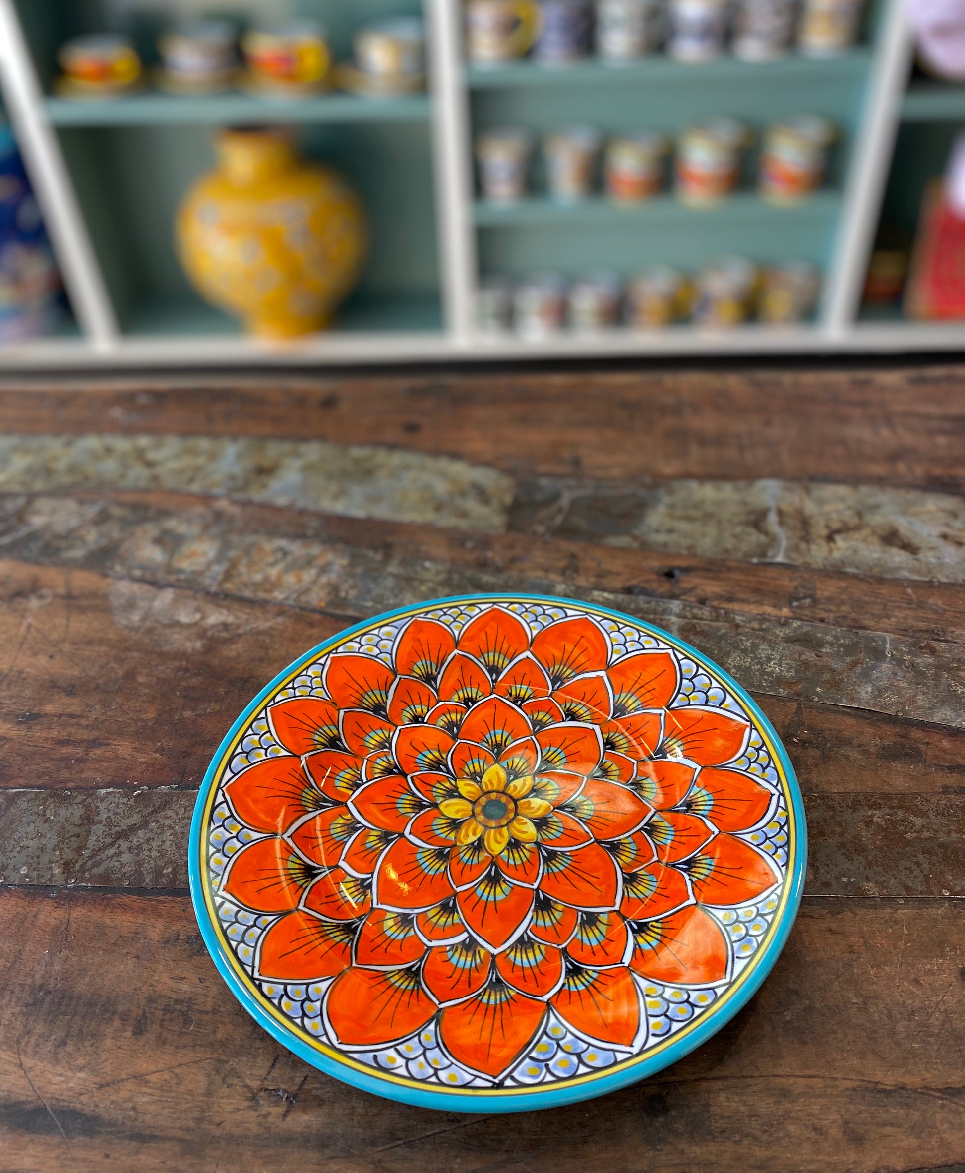 Geribi Salad Plate (PG11) Burnt Orange Peacock Design, ceramics, pottery, italian design, majolica, handmade, handcrafted, handpainted, home decor, kitchen art, home goods, deruta, majolica, Artisan, treasures, traditional art, modern art, gift ideas, style, SF, shop small business, artists, shop online, landmark store, legacy, one of a kind, limited edition, gift guide, gift shop, retail shop, decorations, shopping, italy, home staging, home decorating, home interiors