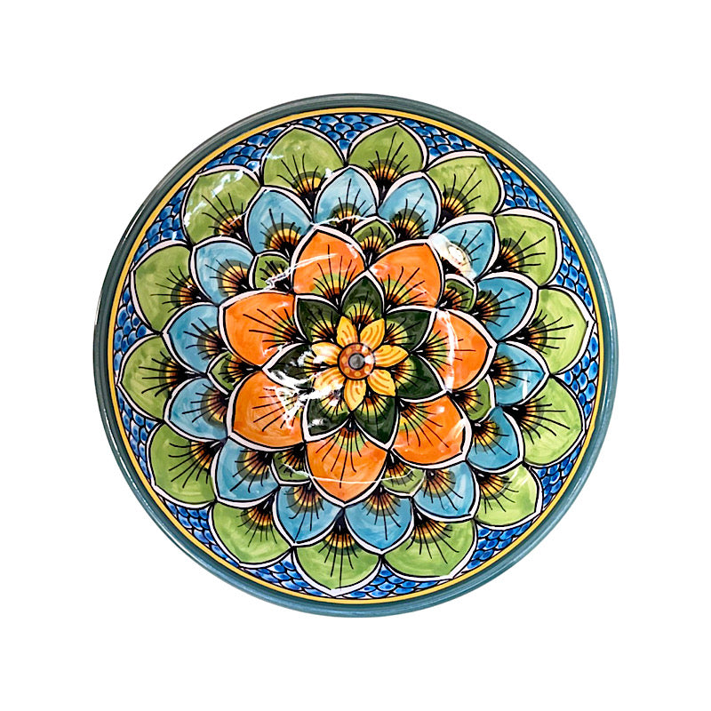 Geribi Poke Bowl (PG07) Blue, Green, Orange Peacock Design, ceramics, pottery, italian design, majolica, handmade, handcrafted, handpainted, home decor, kitchen art, home goods, deruta, majolica, Artisan, treasures, traditional art, modern art, gift ideas, style, SF, shop small business, artists, shop online, landmark store, legacy, one of a kind, limited edition, gift guide, gift shop, retail shop, decorations, shopping, italy, home staging, home decorating, home interiors