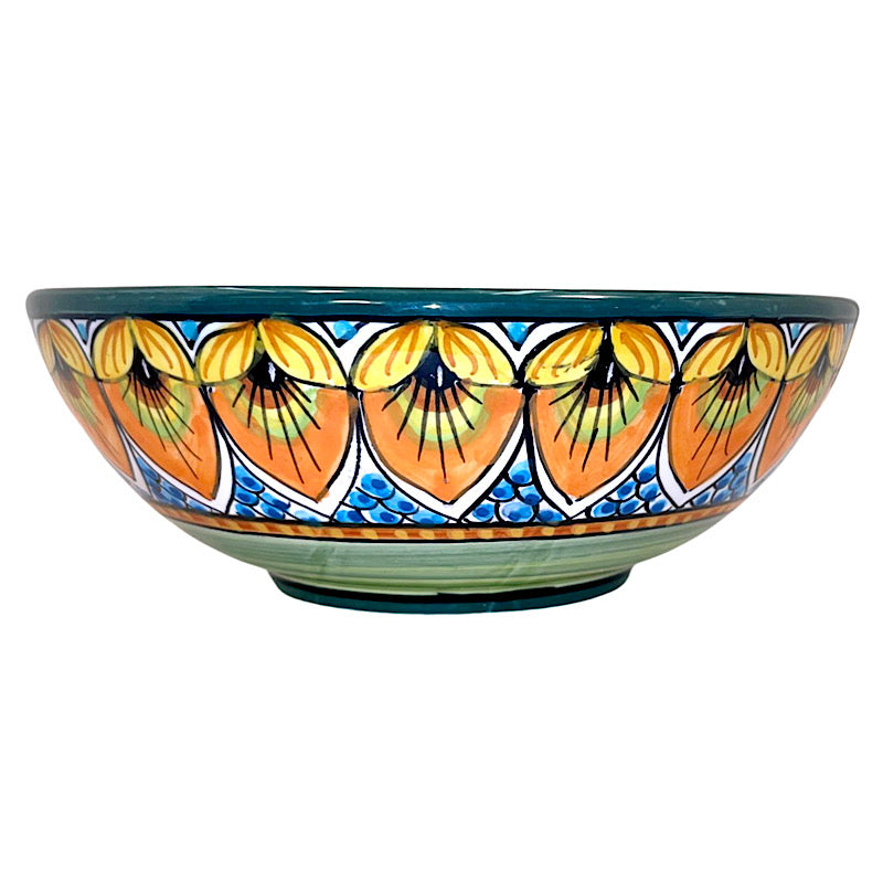 Geribi Poke Bowl (PG07) Blue, Green, Orange Peacock Design, ceramics, pottery, italian design, majolica, handmade, handcrafted, handpainted, home decor, kitchen art, home goods, deruta, majolica, Artisan, treasures, traditional art, modern art, gift ideas, style, SF, shop small business, artists, shop online, landmark store, legacy, one of a kind, limited edition, gift guide, gift shop, retail shop, decorations, shopping, italy, home staging, home decorating, home interiors