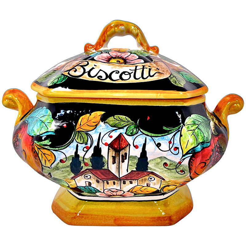 Octagonal Tuscan Countryside Biscotti Jar, ceramics, pottery, italian design, majolica, handmade, handcrafted, handpainted, home decor, kitchen art, home goods, deruta, majolica, Artisan, treasures, traditional art, modern art, gift ideas, style, SF, shop small business, artists, shop online, landmark store, legacy, one of a kind, limited edition, gift guide, gift shop, retail shop, decorations, shopping, italy, home staging, home decorating, home interiors