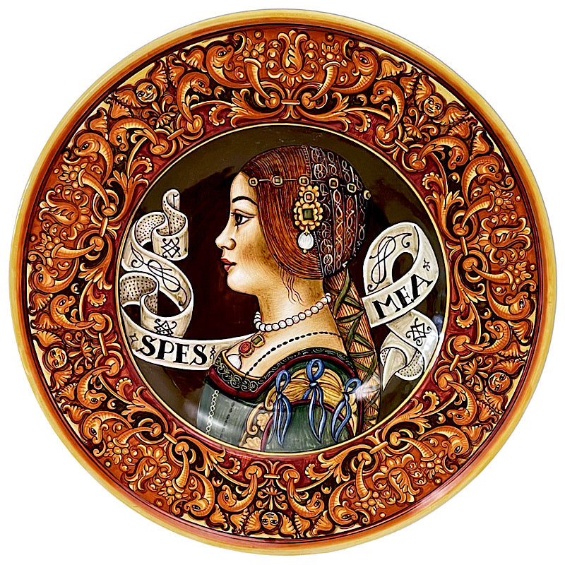Renaissance Woman Spes Mea Wall Plate by Niccacci, Francesca Niccacci, ceramics, pottery, italian design, majolica, handmade, handcrafted, handpainted, home decor, kitchen art, home goods, deruta, majolica, Artisan, treasures, traditional art, modern art, gift ideas, style, SF, shop small business, artists, shop online, landmark store, legacy, one of a kind, limited edition, gift guide, gift shop, retail shop, decorations, shopping, italy, home staging, home decorating, home interiors