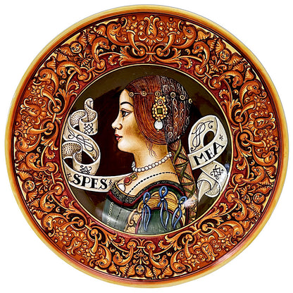 Renaissance Woman Spes Mea Wall Plate by Niccacci, Francesca Niccacci, ceramics, pottery, italian design, majolica, handmade, handcrafted, handpainted, home decor, kitchen art, home goods, deruta, majolica, Artisan, treasures, traditional art, modern art, gift ideas, style, SF, shop small business, artists, shop online, landmark store, legacy, one of a kind, limited edition, gift guide, gift shop, retail shop, decorations, shopping, italy, home staging, home decorating, home interiors