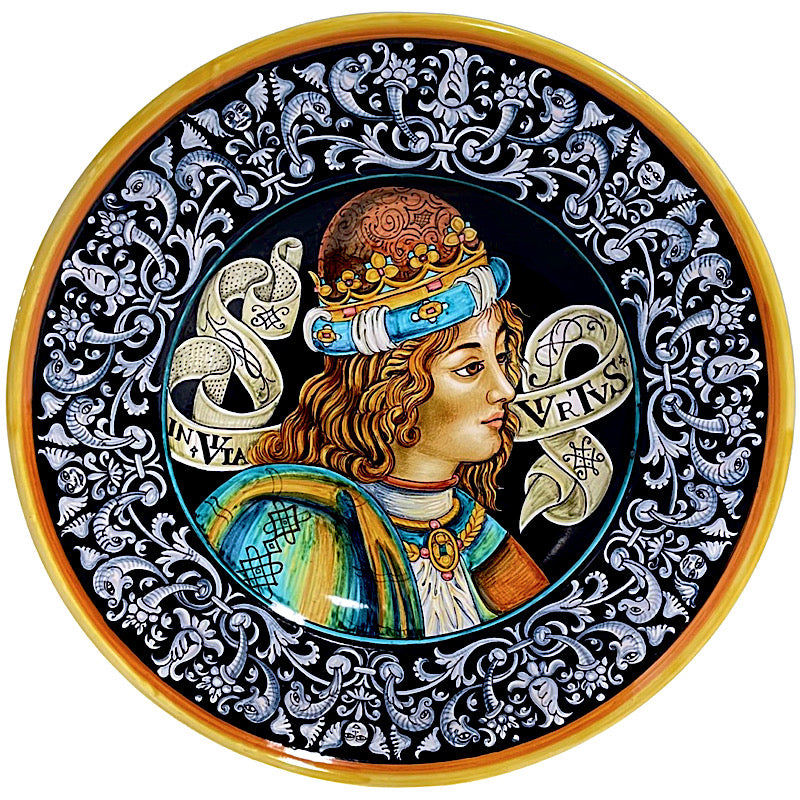 Renaissance Portrait Vita Virtus Wall Plate by Niccacci, Francesca Niccacci, ceramics, pottery, italian design, majolica, handmade, handcrafted, handpainted, home decor, kitchen art, home goods, deruta, majolica, Artisan, treasures, traditional art, modern art, gift ideas, style, SF, shop small business, artists, shop online, landmark store, legacy, one of a kind, limited edition, gift guide, gift shop, retail shop, decorations, shopping, italy, home staging, home decorating, home interiors