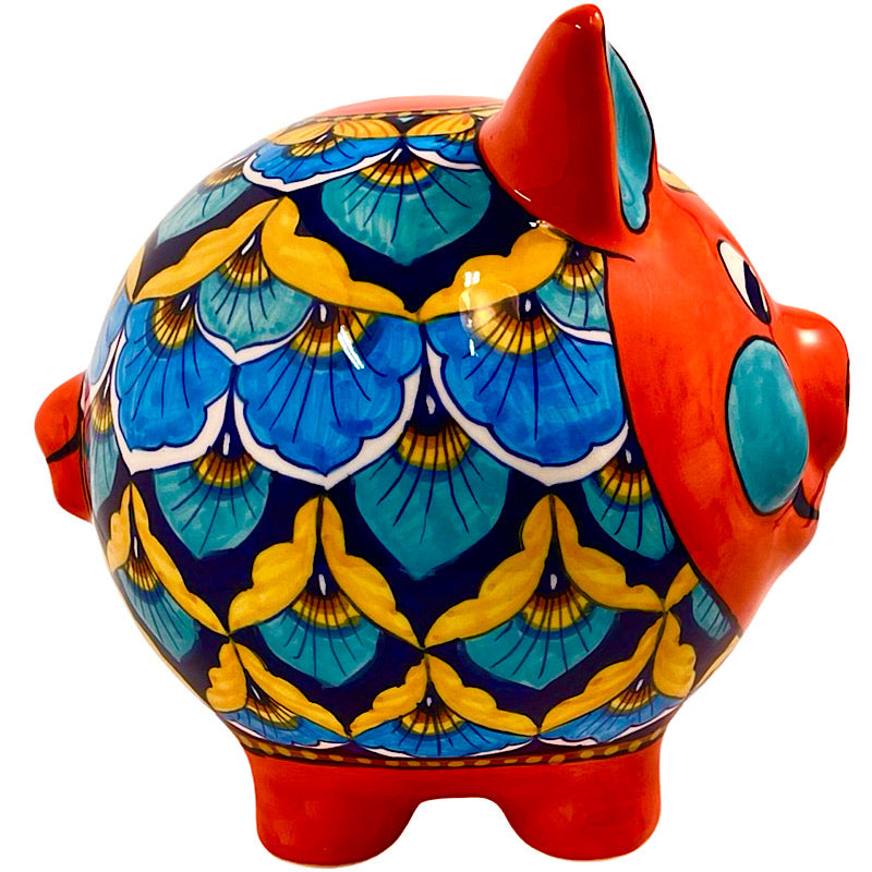 Orange & Blue Medium Piggy Bank, ceramics, pottery, italian design, majolica, handmade, handcrafted, handpainted, home decor, kitchen art, home goods, deruta, majolica, Artisan, treasures, traditional art, modern art, gift ideas, style, SF, shop small business, artists, shop online, landmark store, legacy, one of a kind, limited edition, gift guide, gift shop, retail shop, decorations, shopping, italy, home staging, home decorating, home interiors