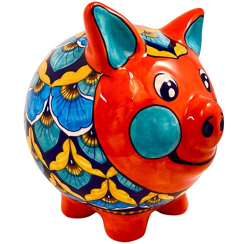 Orange & Blue Medium Piggy Bank, ceramics, pottery, italian design, majolica, handmade, handcrafted, handpainted, home decor, kitchen art, home goods, deruta, majolica, Artisan, treasures, traditional art, modern art, gift ideas, style, SF, shop small business, artists, shop online, landmark store, legacy, one of a kind, limited edition, gift guide, gift shop, retail shop, decorations, shopping, italy, home staging, home decorating, home interiors