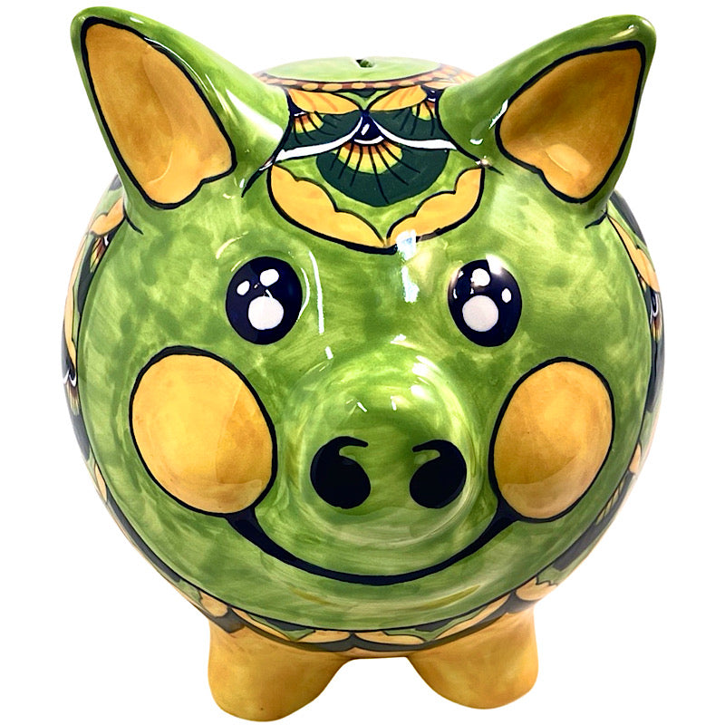 Green & Yellow Medium Piggy Bank, ceramics, pottery, italian design, majolica, handmade, handcrafted, handpainted, home decor, kitchen art, home goods, deruta, majolica, Artisan, treasures, traditional art, modern art, gift ideas, style, SF, shop small business, artists, shop online, landmark store, legacy, one of a kind, limited edition, gift guide, gift shop, retail shop, decorations, shopping, italy, home staging, home decorating, home interiors