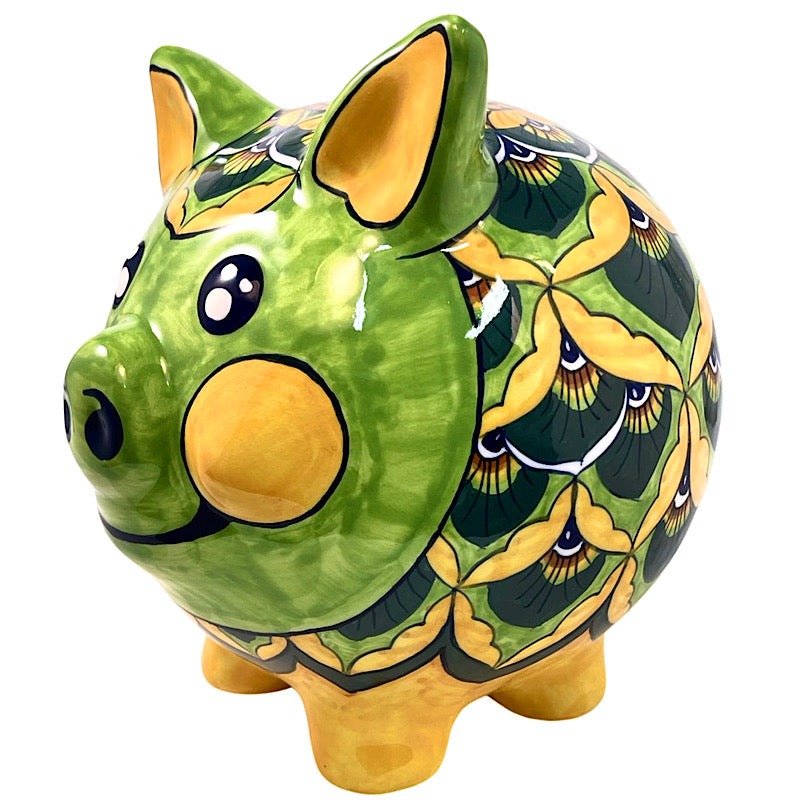 Green & Yellow Medium Piggy Bank, ceramics, pottery, italian design, majolica, handmade, handcrafted, handpainted, home decor, kitchen art, home goods, deruta, majolica, Artisan, treasures, traditional art, modern art, gift ideas, style, SF, shop small business, artists, shop online, landmark store, legacy, one of a kind, limited edition, gift guide, gift shop, retail shop, decorations, shopping, italy, home staging, home decorating, home interiors