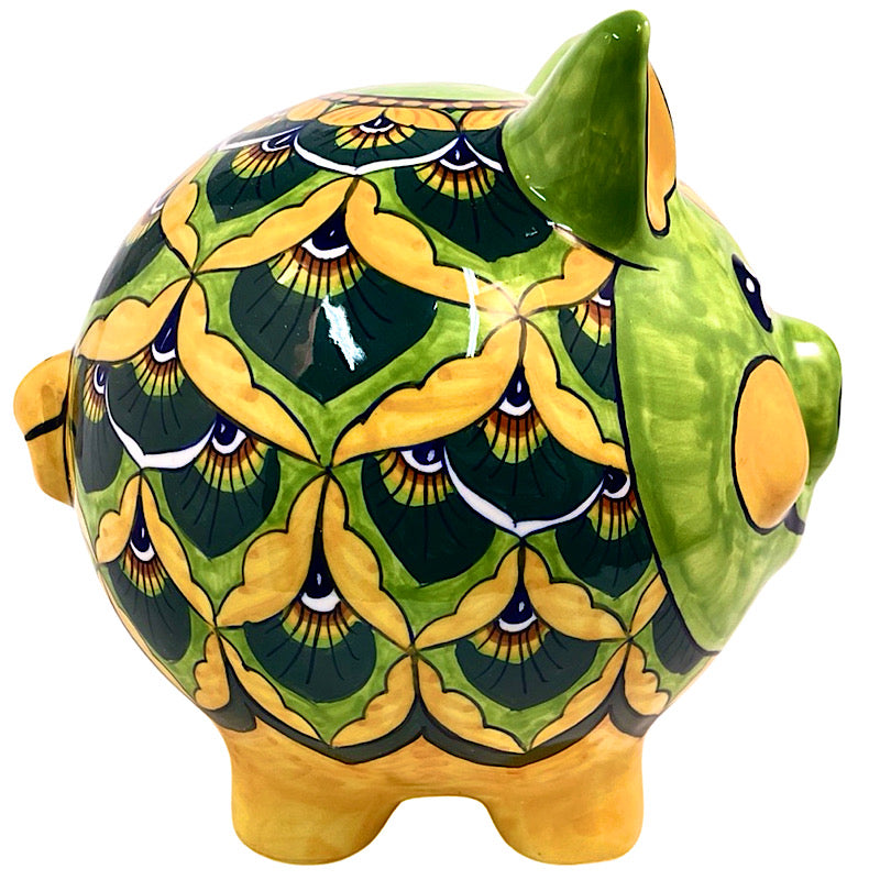 Green & Yellow Medium Piggy Bank, ceramics, pottery, italian design, majolica, handmade, handcrafted, handpainted, home decor, kitchen art, home goods, deruta, majolica, Artisan, treasures, traditional art, modern art, gift ideas, style, SF, shop small business, artists, shop online, landmark store, legacy, one of a kind, limited edition, gift guide, gift shop, retail shop, decorations, shopping, italy, home staging, home decorating, home interiors