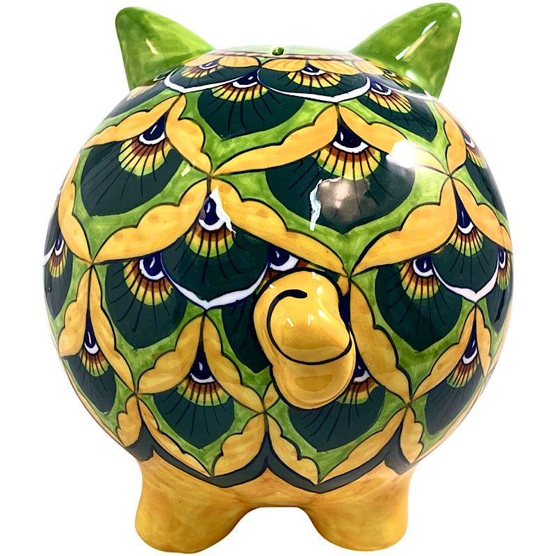 Green & Yellow Medium Piggy Bank, ceramics, pottery, italian design, majolica, handmade, handcrafted, handpainted, home decor, kitchen art, home goods, deruta, majolica, Artisan, treasures, traditional art, modern art, gift ideas, style, SF, shop small business, artists, shop online, landmark store, legacy, one of a kind, limited edition, gift guide, gift shop, retail shop, decorations, shopping, italy, home staging, home decorating, home interiors