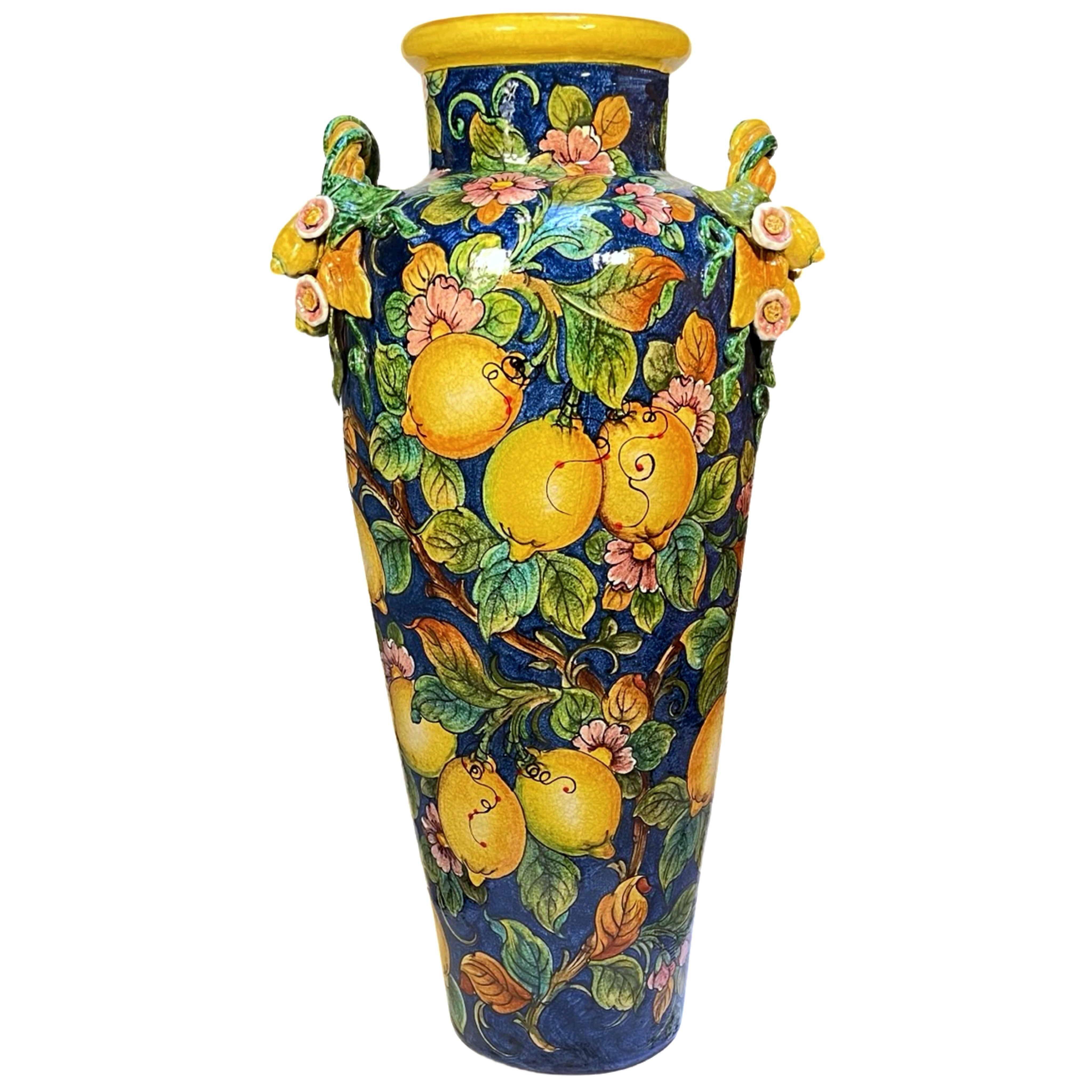 Tall Blue Floor Vase with Yellow Lemons & Green Leaves