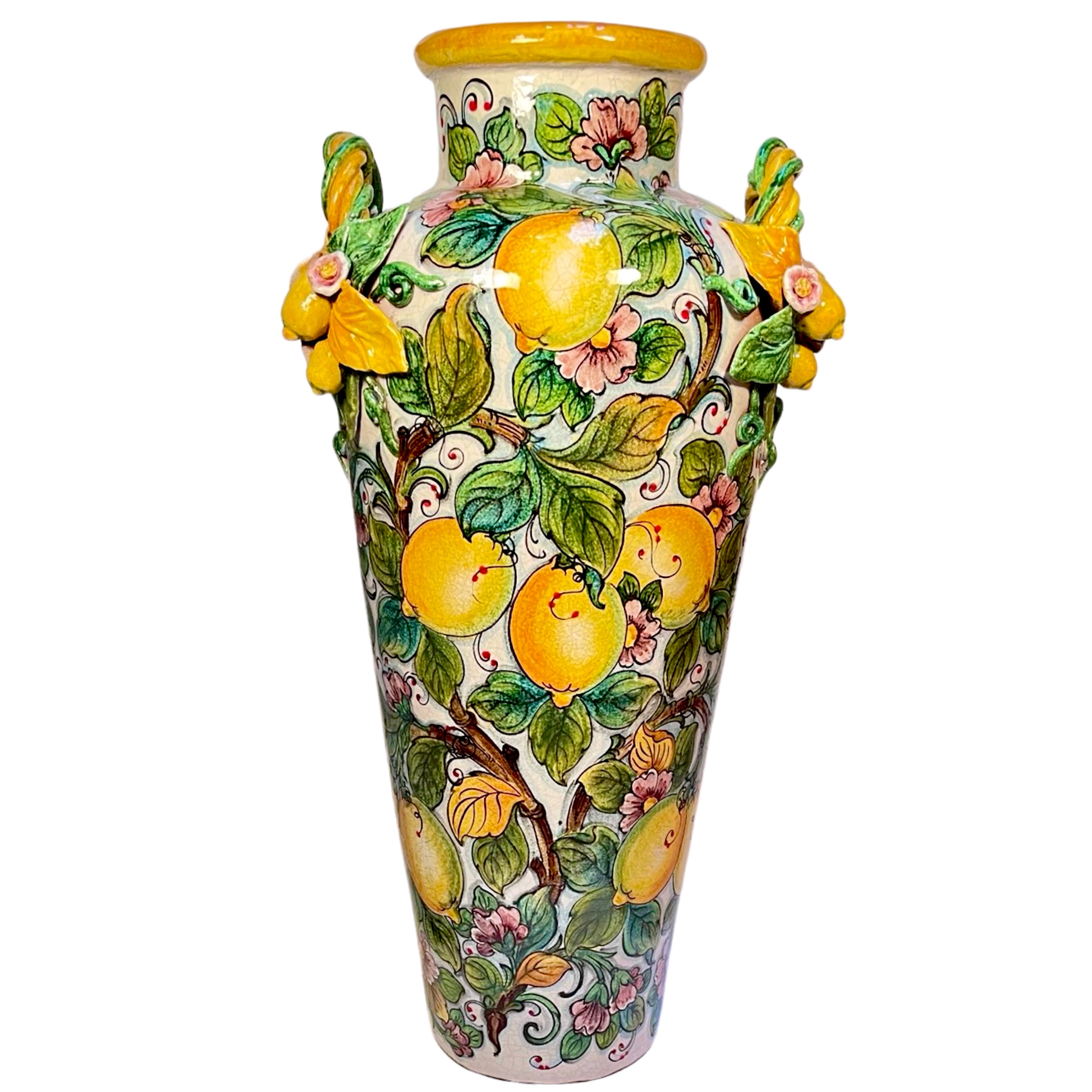Tall Floor Vase with Yellow Lemons & Green Leaves