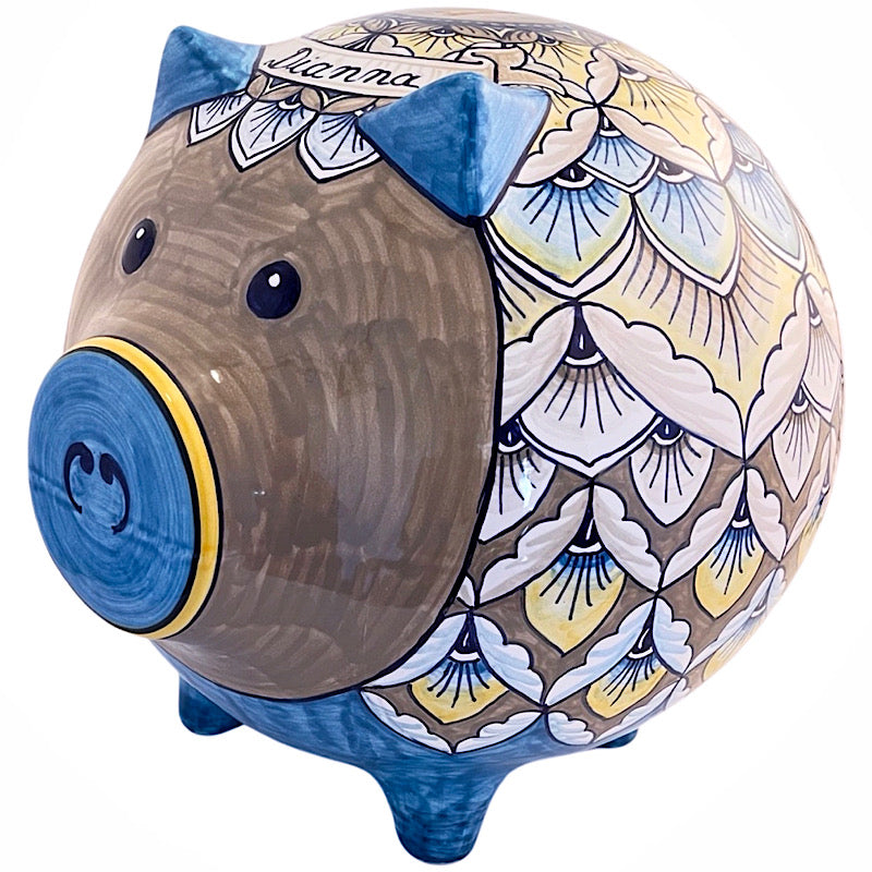 Personalized Blue & Gray Large Piggy Bank, ceramics, pottery, italian design, majolica, handmade, handcrafted, handpainted, home decor, kitchen art, home goods, deruta, majolica, Artisan, treasures, traditional art, modern art, gift ideas, style, SF, shop small business, artists, shop online, landmark store, legacy, one of a kind, limited edition, gift guide, gift shop, retail shop, decorations, shopping, italy, home staging, home decorating, home interiors