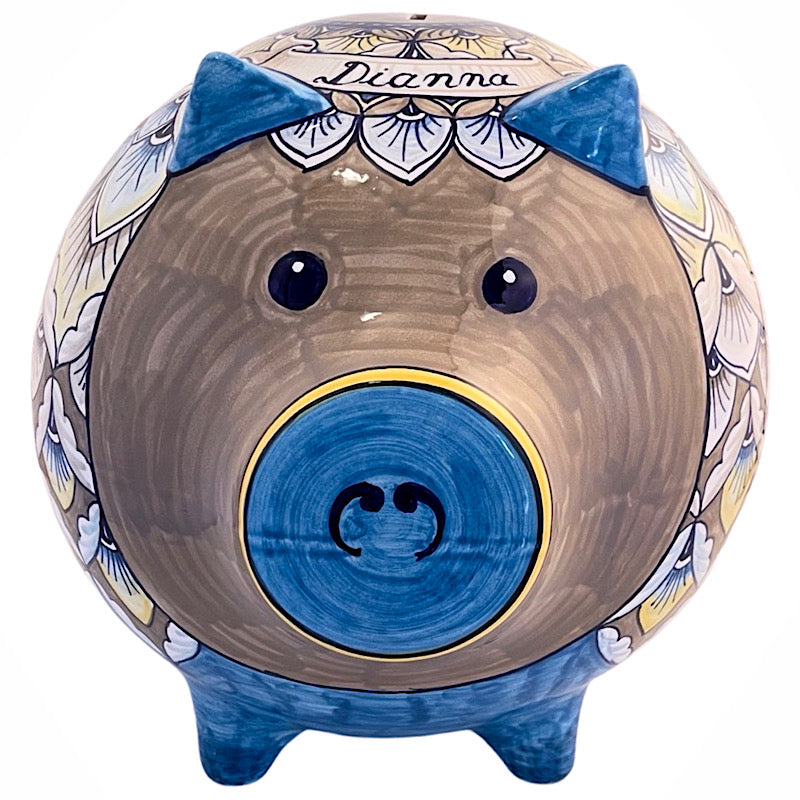Personalized Blue & Gray Large Piggy Bank, ceramics, pottery, italian design, majolica, handmade, handcrafted, handpainted, home decor, kitchen art, home goods, deruta, majolica, Artisan, treasures, traditional art, modern art, gift ideas, style, SF, shop small business, artists, shop online, landmark store, legacy, one of a kind, limited edition, gift guide, gift shop, retail shop, decorations, shopping, italy, home staging, home decorating, home interiors