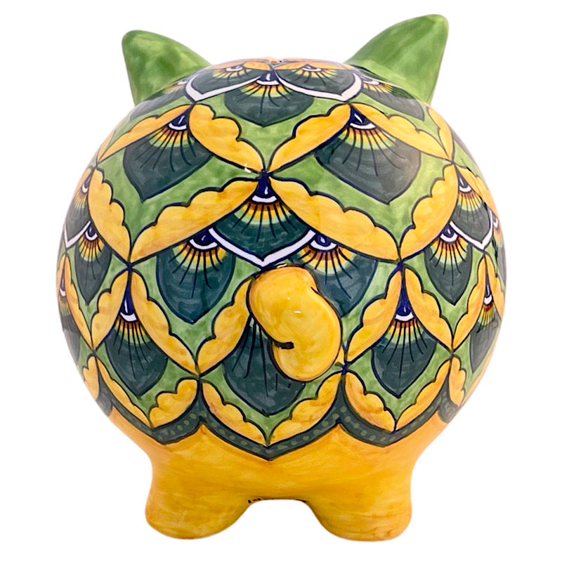 Personalized Medium Green & Yellow Piggy Bank, ceramics, pottery, italian design, majolica, handmade, handcrafted, handpainted, home decor, kitchen art, home goods, deruta, majolica, Artisan, treasures, traditional art, modern art, gift ideas, style, SF, shop small business, artists, shop online, landmark store, legacy, one of a kind, limited edition, gift guide, gift shop, retail shop, decorations, shopping, italy, home staging, home decorating, home interiors
