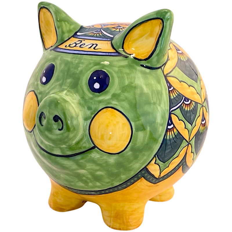 Personalized Medium Green & Yellow Piggy Bank, ceramics, pottery, italian design, majolica, handmade, handcrafted, handpainted, home decor, kitchen art, home goods, deruta, majolica, Artisan, treasures, traditional art, modern art, gift ideas, style, SF, shop small business, artists, shop online, landmark store, legacy, one of a kind, limited edition, gift guide, gift shop, retail shop, decorations, shopping, italy, home staging, home decorating, home interiors