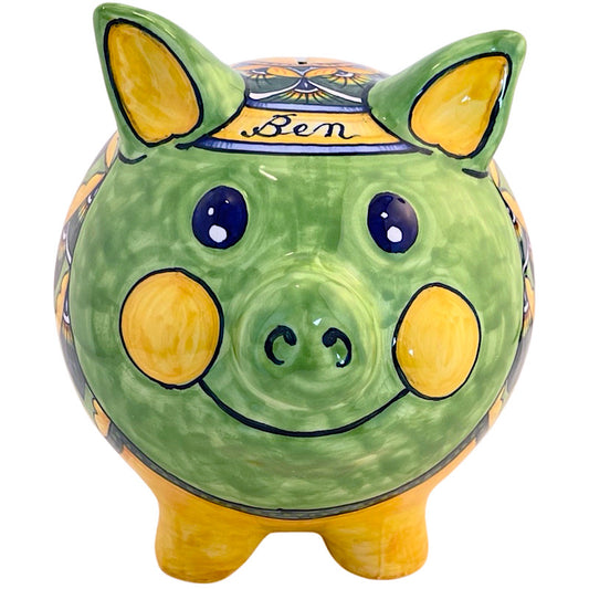 Personalized Medium Green & Yellow Piggy Bank, ceramics, pottery, italian design, majolica, handmade, handcrafted, handpainted, home decor, kitchen art, home goods, deruta, majolica, Artisan, treasures, traditional art, modern art, gift ideas, style, SF, shop small business, artists, shop online, landmark store, legacy, one of a kind, limited edition, gift guide, gift shop, retail shop, decorations, shopping, italy, home staging, home decorating, home interiors