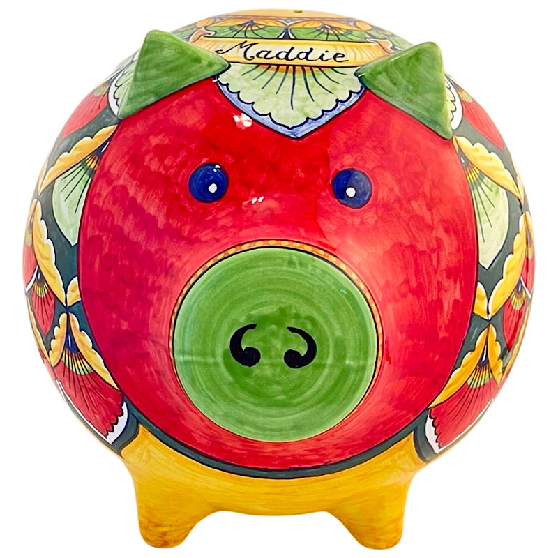Personalized Green & Red Large Piggy Bank, ceramics, pottery, italian design, majolica, handmade, handcrafted, handpainted, home decor, kitchen art, home goods, deruta, majolica, Artisan, treasures, traditional art, modern art, gift ideas, style, SF, shop small business, artists, shop online, landmark store, legacy, one of a kind, limited edition, gift guide, gift shop, retail shop, decorations, shopping, italy, home staging, home decorating, home interiors