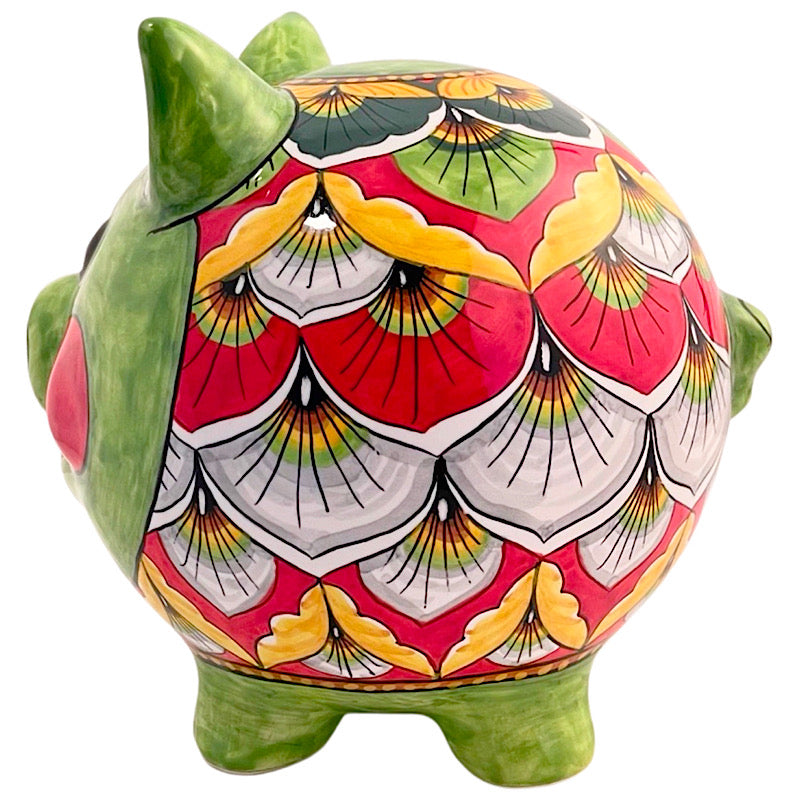 Green & Red Medium Piggy Bank, ceramics, pottery, italian design, majolica, handmade, handcrafted, handpainted, home decor, kitchen art, home goods, deruta, majolica, Artisan, treasures, traditional art, modern art, gift ideas, style, SF, shop small business, artists, shop online, landmark store, legacy, one of a kind, limited edition, gift guide, gift shop, retail shop, decorations, shopping, italy, home staging, home decorating, home interiors