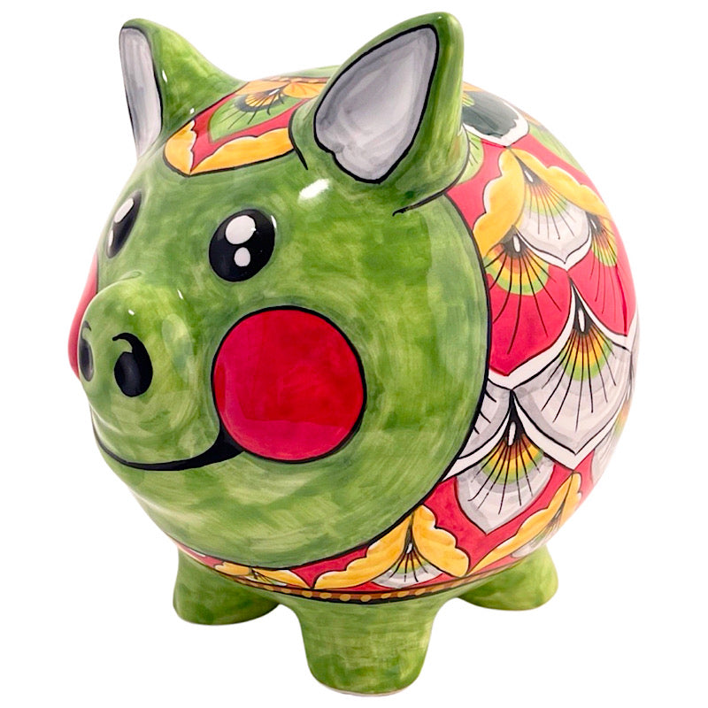 Green & Red Medium Piggy Bank, ceramics, pottery, italian design, majolica, handmade, handcrafted, handpainted, home decor, kitchen art, home goods, deruta, majolica, Artisan, treasures, traditional art, modern art, gift ideas, style, SF, shop small business, artists, shop online, landmark store, legacy, one of a kind, limited edition, gift guide, gift shop, retail shop, decorations, shopping, italy, home staging, home decorating, home interiors