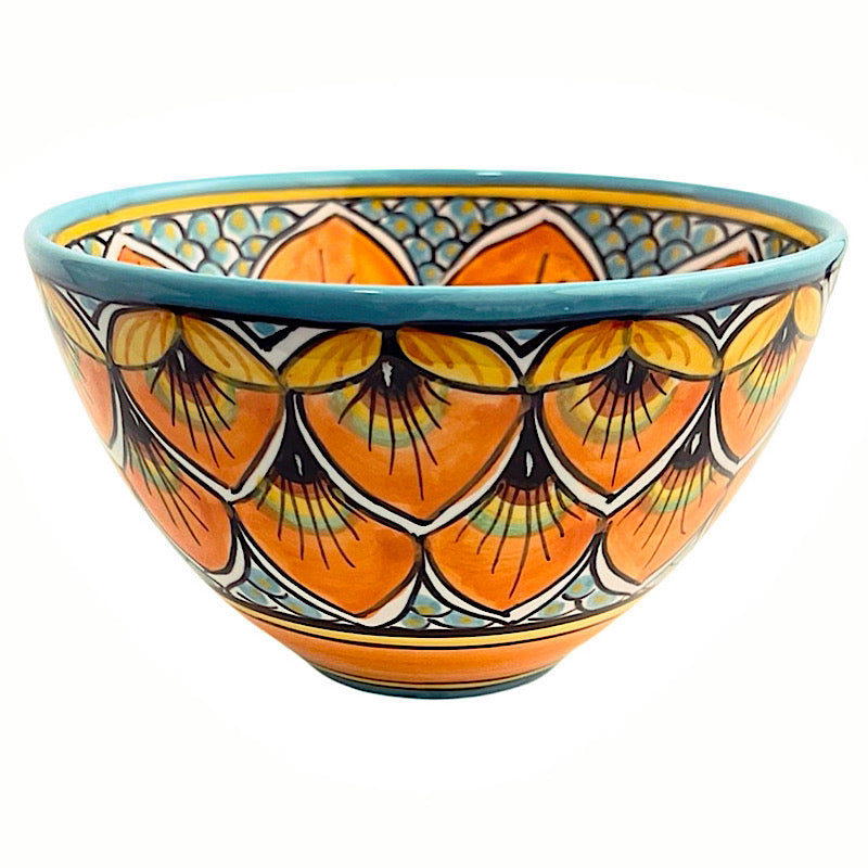 Geribi Peacock Design (PG06): Cereal Bowl (Orange & Blue), ceramics, pottery, italian design, majolica, handmade, handcrafted, handpainted, home decor, kitchen art, home goods, deruta, majolica, Artisan, treasures, traditional art, modern art, gift ideas, style, SF, shop small business, artists, shop online, landmark store, legacy, one of a kind, limited edition, gift guide, gift shop, retail shop, decorations, shopping, italy, home staging, home decorating, home interiors