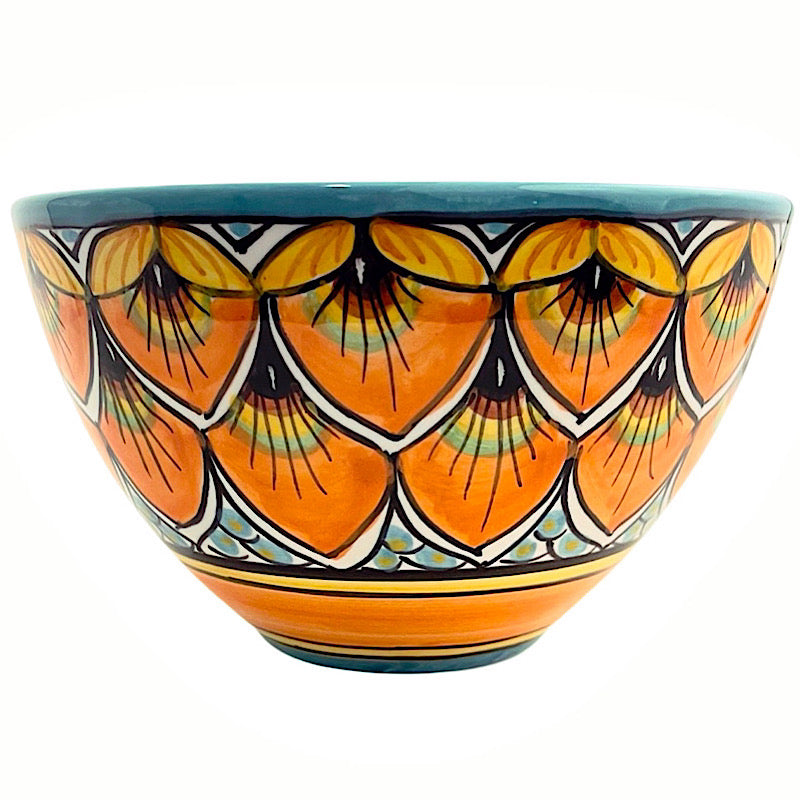 Geribi Peacock Design (PG06): Cereal Bowl (Orange & Blue), ceramics, pottery, italian design, majolica, handmade, handcrafted, handpainted, home decor, kitchen art, home goods, deruta, majolica, Artisan, treasures, traditional art, modern art, gift ideas, style, SF, shop small business, artists, shop online, landmark store, legacy, one of a kind, limited edition, gift guide, gift shop, retail shop, decorations, shopping, italy, home staging, home decorating, home interiors