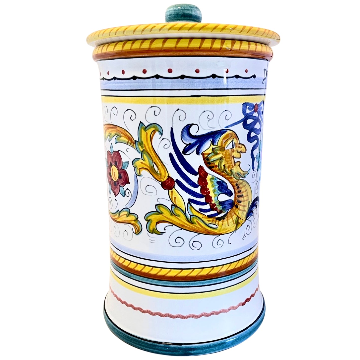 MOD Raffaellesco Dog Treats Canister, ceramics, pottery, italian design, majolica, handmade, handcrafted, handpainted, home decor, kitchen art, home goods, deruta, majolica, Artisan, treasures, traditional art, modern art, gift ideas, style, SF, shop small business, artists, shop online, landmark store, legacy, one of a kind, limited edition, gift guide, gift shop, retail shop, decorations, shopping, italy, home staging, home decorating, home interiors