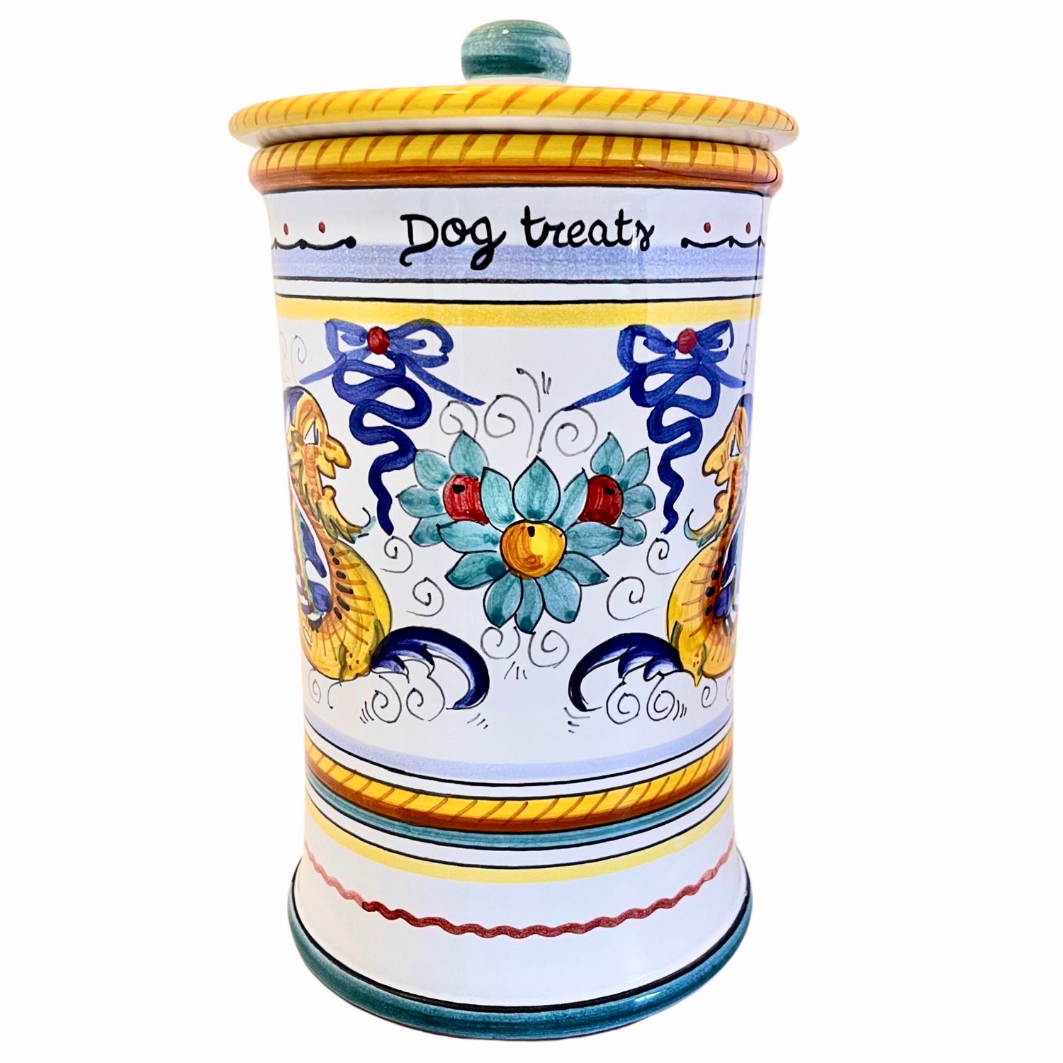 MOD Raffaellesco Dog Treats Canister, ceramics, pottery, italian design, majolica, handmade, handcrafted, handpainted, home decor, kitchen art, home goods, deruta, majolica, Artisan, treasures, traditional art, modern art, gift ideas, style, SF, shop small business, artists, shop online, landmark store, legacy, one of a kind, limited edition, gift guide, gift shop, retail shop, decorations, shopping, italy, home staging, home decorating, home interiors