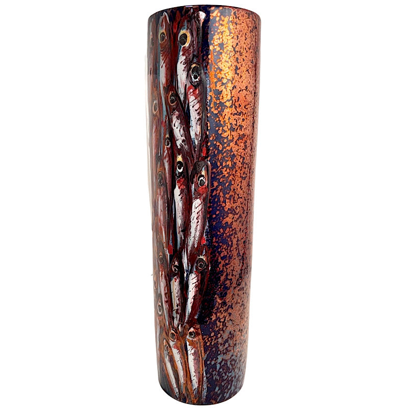 Vignoli Decorative Navy & Copper Fishes Tall Vase, ceramics, pottery, italian design, majolica, handmade, handcrafted, handpainted, home decor, kitchen art, home goods, deruta, majolica, Artisan, treasures, traditional art, modern art, gift ideas, style, SF, shop small business, artists, shop online, landmark store, legacy, one of a kind, limited edition, gift guide, gift shop, retail shop, decorations, shopping, italy, home staging, home decorating, home interiors