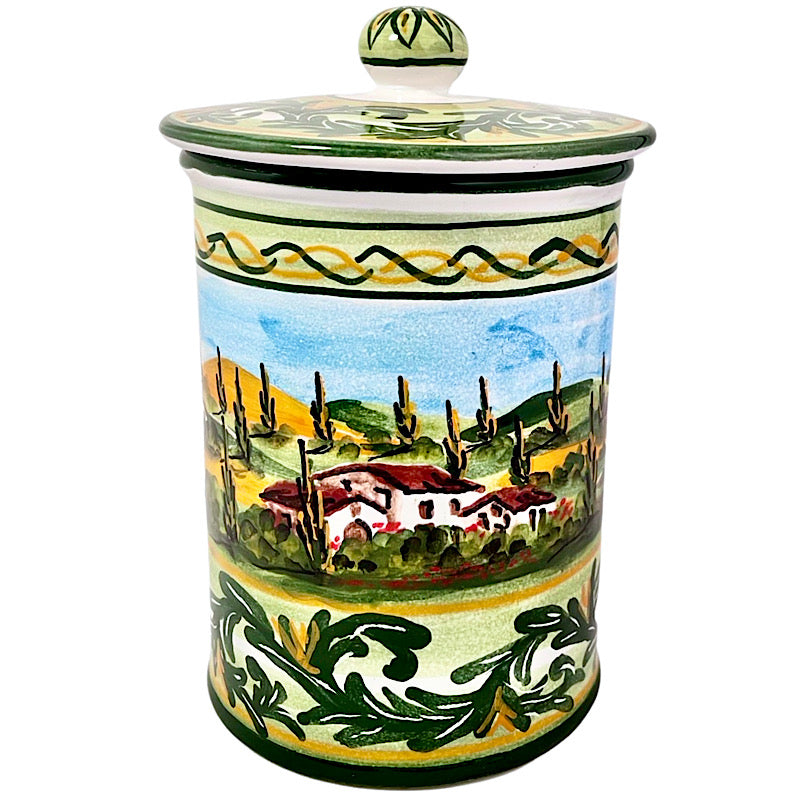 Tuscan Countryside Canister, ceramics, pottery, italian design, majolica, handmade, handcrafted, handpainted, home decor, kitchen art, home goods, deruta, majolica, Artisan, treasures, traditional art, modern art, gift ideas, style, SF, shop small business, artists, shop online, landmark store, legacy, one of a kind, limited edition, gift guide, gift shop, retail shop, decorations, shopping, italy, home staging, home decorating, home interiors