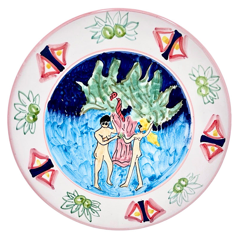 Cheeky Adam & Eve Plate, ceramics, pottery, italian design, majolica, handmade, handcrafted, handpainted, home decor, kitchen art, home goods, deruta, majolica, Artisan, treasures, traditional art, modern art, gift ideas, style, SF, shop small business, artists, shop online, landmark store, legacy, one of a kind, limited edition, gift guide, gift shop, retail shop, decorations, shopping, italy, home staging, home decorating, home interiors