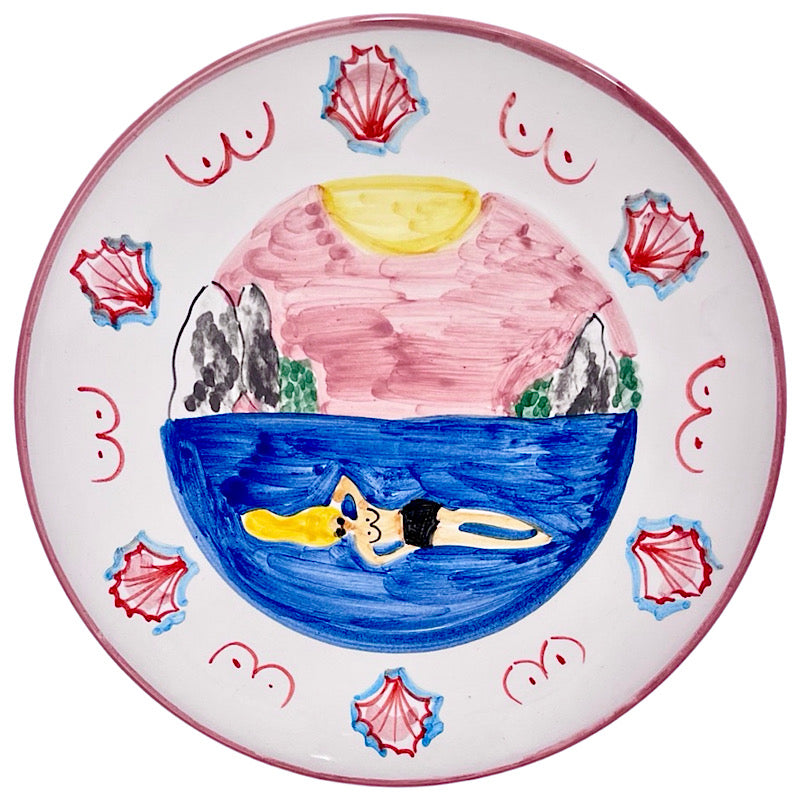 Cheeky Woman on the Beach Plate, ceramics, pottery, italian design, majolica, handmade, handcrafted, handpainted, home decor, kitchen art, home goods, deruta, majolica, Artisan, treasures, traditional art, modern art, gift ideas, style, SF, shop small business, artists, shop online, landmark store, legacy, one of a kind, limited edition, gift guide, gift shop, retail shop, decorations, shopping, italy, home staging, home decorating, home interiors