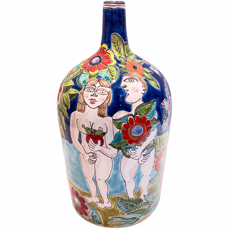 Adam & Eve Narrow Top Vase, ceramics, pottery, italian design, majolica, handmade, handcrafted, handpainted, home decor, kitchen art, home goods, deruta, majolica, Artisan, treasures, traditional art, modern art, gift ideas, style, SF, shop small business, artists, shop online, landmark store, legacy, one of a kind, limited edition, gift guide, gift shop, retail shop, decorations, shopping, italy, home staging, home decorating, home interiors