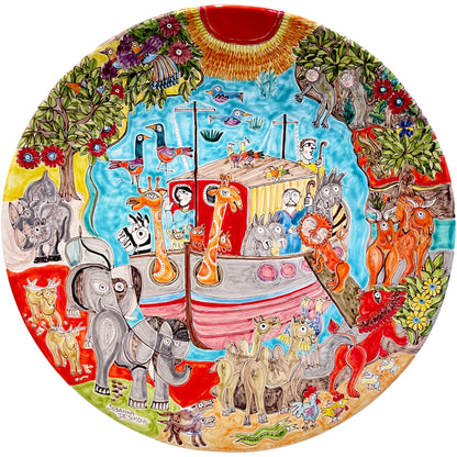 Noah's Arc Round Ceramic Wall Plate, ceramics, pottery, italian design, majolica, handmade, handcrafted, handpainted, home decor, kitchen art, home goods, deruta, majolica, Artisan, treasures, traditional art, modern art, gift ideas, style, SF, shop small business, artists, shop online, landmark store, legacy, one of a kind, limited edition, gift guide, gift shop, retail shop, decorations, shopping, italy, home staging, home decorating, home interiors