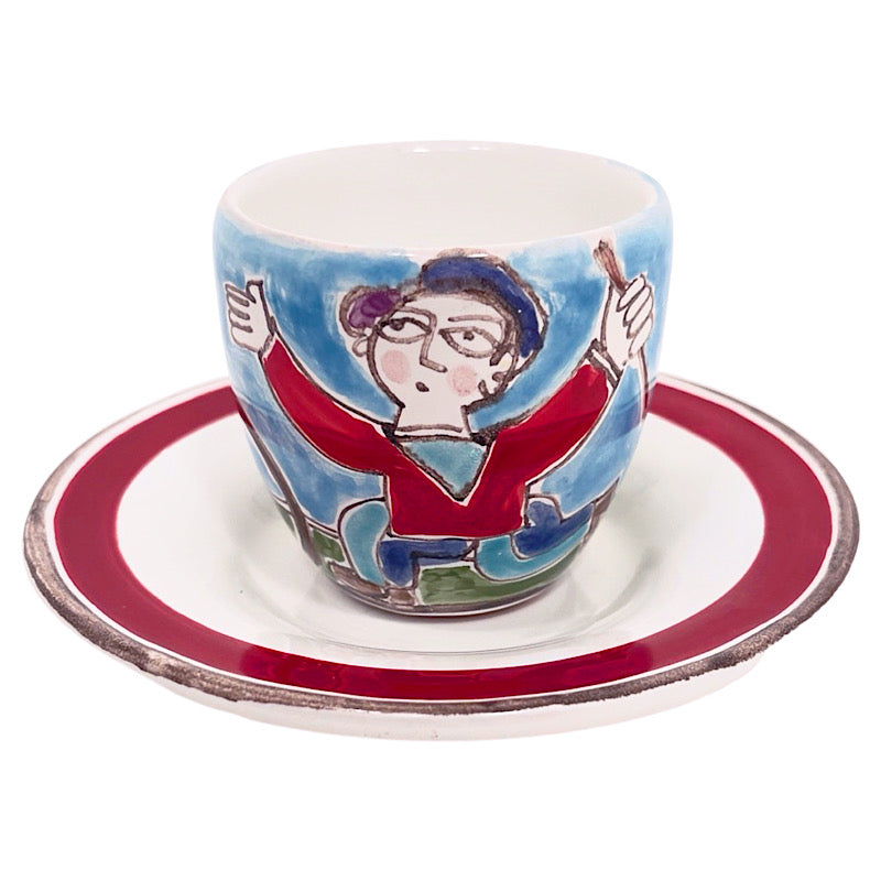 Man with Bird Espresso Cup & Saucer, ceramics, pottery, italian design, majolica, handmade, handcrafted, handpainted, home decor, kitchen art, home goods, deruta, majolica, Artisan, treasures, traditional art, modern art, gift ideas, style, SF, shop small business, artists, shop online, landmark store, legacy, one of a kind, limited edition, gift guide, gift shop, retail shop, decorations, shopping, italy, home staging, home decorating, home interiors