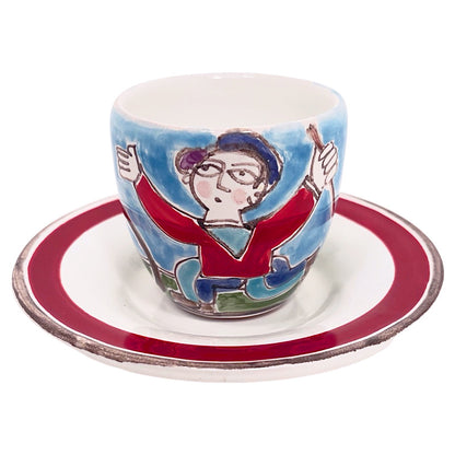 Man with Bird Espresso Cup & Saucer, ceramics, pottery, italian design, majolica, handmade, handcrafted, handpainted, home decor, kitchen art, home goods, deruta, majolica, Artisan, treasures, traditional art, modern art, gift ideas, style, SF, shop small business, artists, shop online, landmark store, legacy, one of a kind, limited edition, gift guide, gift shop, retail shop, decorations, shopping, italy, home staging, home decorating, home interiors