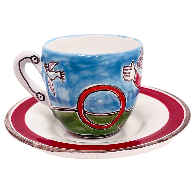 Man with Bird Espresso Cup & Saucer, ceramics, pottery, italian design, majolica, handmade, handcrafted, handpainted, home decor, kitchen art, home goods, deruta, majolica, Artisan, treasures, traditional art, modern art, gift ideas, style, SF, shop small business, artists, shop online, landmark store, legacy, one of a kind, limited edition, gift guide, gift shop, retail shop, decorations, shopping, italy, home staging, home decorating, home interiors