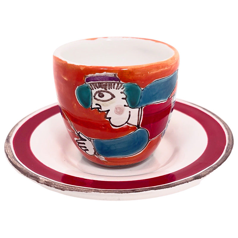 Fly Fisherman Orange Espresso Cup & Saucer, ceramics, pottery, italian design, majolica, handmade, handcrafted, handpainted, home decor, kitchen art, home goods, deruta, majolica, Artisan, treasures, traditional art, modern art, gift ideas, style, SF, shop small business, artists, shop online, landmark store, legacy, one of a kind, limited edition, gift guide, gift shop, retail shop, decorations, shopping, italy, home staging, home decorating, home interiors