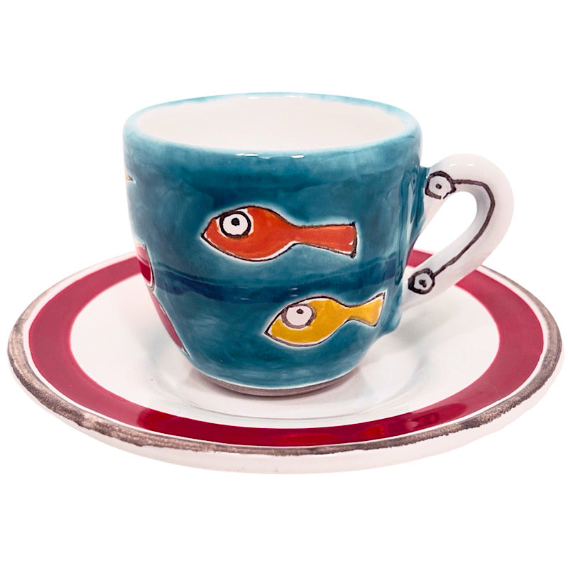Swordfish Cup & Saucer, ceramics, pottery, italian design, majolica, handmade, handcrafted, handpainted, home decor, kitchen art, home goods, deruta, majolica, Artisan, treasures, traditional art, modern art, gift ideas, style, SF, shop small business, artists, shop online, landmark store, legacy, one of a kind, limited edition, gift guide, gift shop, retail shop, decorations, shopping, italy, home staging, home decorating, home interiors