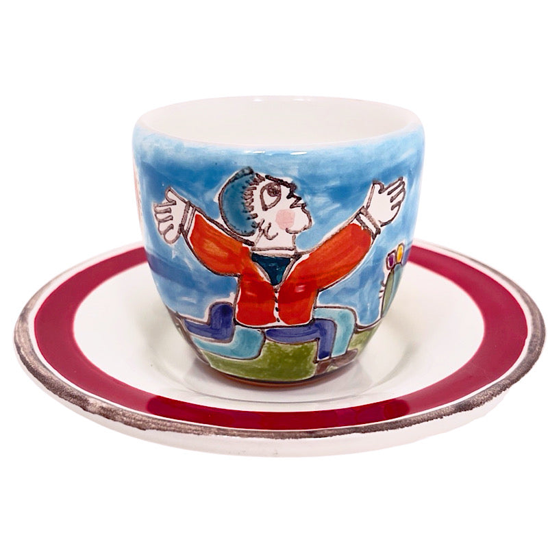 Joyous Man Espresso Cup & Saucer, ceramics, pottery, italian design, majolica, handmade, handcrafted, handpainted, home decor, kitchen art, home goods, deruta, majolica, Artisan, treasures, traditional art, modern art, gift ideas, style, SF, shop small business, artists, shop online, landmark store, legacy, one of a kind, limited edition, gift guide, gift shop, retail shop, decorations, shopping, italy, home staging, home decorating, home interiors