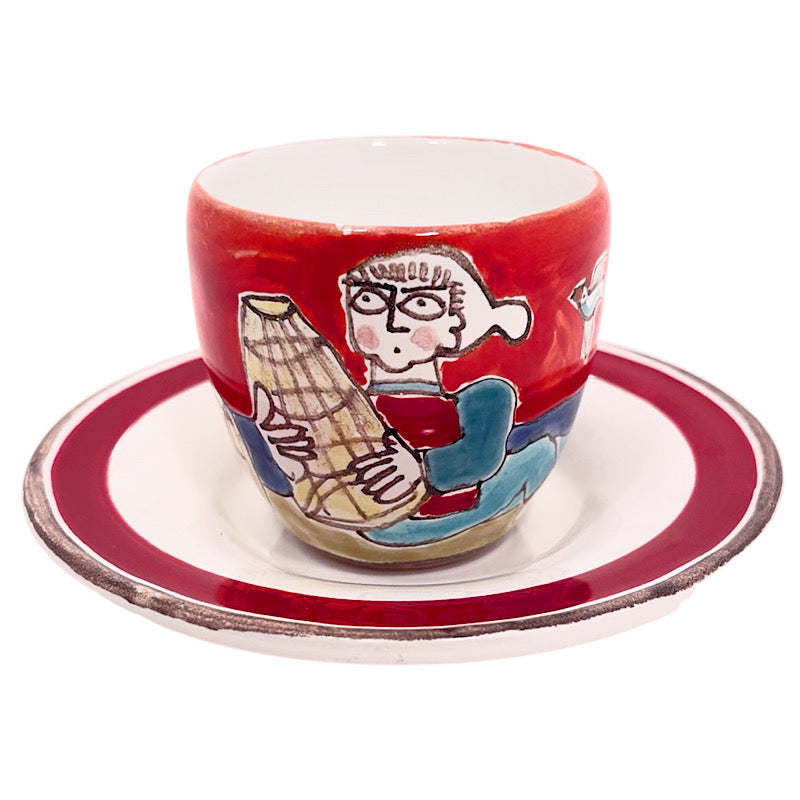 Bird Keeper with Cage Espresso Cup & Saucer, ceramics, pottery, italian design, majolica, handmade, handcrafted, handpainted, home decor, kitchen art, home goods, deruta, majolica, Artisan, treasures, traditional art, modern art, gift ideas, style, SF, shop small business, artists, shop online, landmark store, legacy, one of a kind, limited edition, gift guide, gift shop, retail shop, decorations, shopping, italy, home staging, home decorating, home interiors