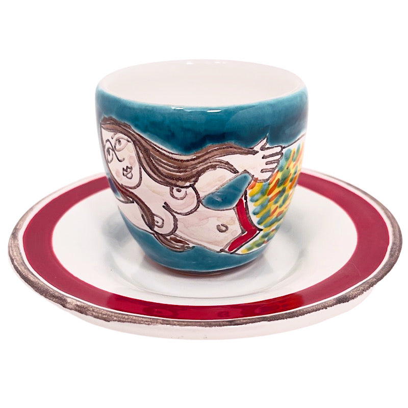 Mermaid Espresso Cup & Saucer, ceramics, pottery, italian design, majolica, handmade, handcrafted, handpainted, home decor, kitchen art, home goods, deruta, majolica, Artisan, treasures, traditional art, modern art, gift ideas, style, SF, shop small business, artists, shop online, landmark store, legacy, one of a kind, limited edition, gift guide, gift shop, retail shop, decorations, shopping, italy, home staging, home decorating, home interiors