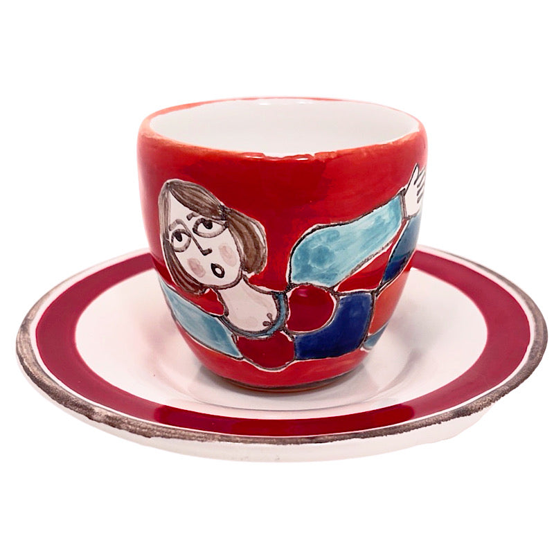 Umbrella Lady Espresso Cup & Saucer, ceramics, pottery, italian design, majolica, handmade, handcrafted, handpainted, home decor, kitchen art, home goods, deruta, majolica, Artisan, treasures, traditional art, modern art, gift ideas, style, SF, shop small business, artists, shop online, landmark store, legacy, one of a kind, limited edition, gift guide, gift shop, retail shop, decorations, shopping, italy, home staging, home decorating, home interiors