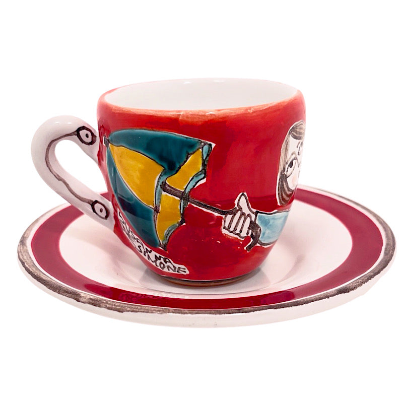 Umbrella Lady Espresso Cup & Saucer, ceramics, pottery, italian design, majolica, handmade, handcrafted, handpainted, home decor, kitchen art, home goods, deruta, majolica, Artisan, treasures, traditional art, modern art, gift ideas, style, SF, shop small business, artists, shop online, landmark store, legacy, one of a kind, limited edition, gift guide, gift shop, retail shop, decorations, shopping, italy, home staging, home decorating, home interiors