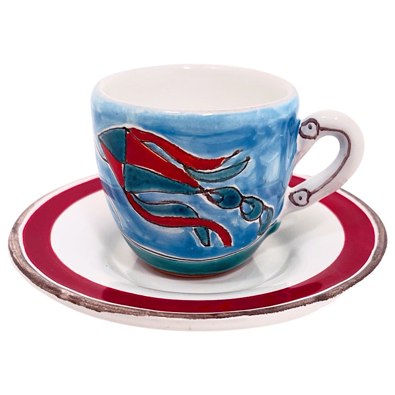 Man with Red & Blue Kite Espresso Cup & Saucer, ceramics, pottery, italian design, majolica, handmade, handcrafted, handpainted, home decor, kitchen art, home goods, deruta, majolica, Artisan, treasures, traditional art, modern art, gift ideas, style, SF, shop small business, artists, shop online, landmark store, legacy, one of a kind, limited edition, gift guide, gift shop, retail shop, decorations, shopping, italy, home staging, home decorating, home interiors