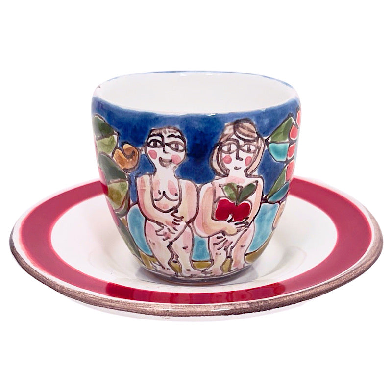 Adam & Eve Espresso Cup & Saucer, ceramics, pottery, italian design, majolica, handmade, handcrafted, handpainted, home decor, kitchen art, home goods, deruta, majolica, Artisan, treasures, traditional art, modern art, gift ideas, style, SF, shop small business, artists, shop online, landmark store, legacy, one of a kind, limited edition, gift guide, gift shop, retail shop, decorations, shopping, italy, home staging, home decorating, home interiors