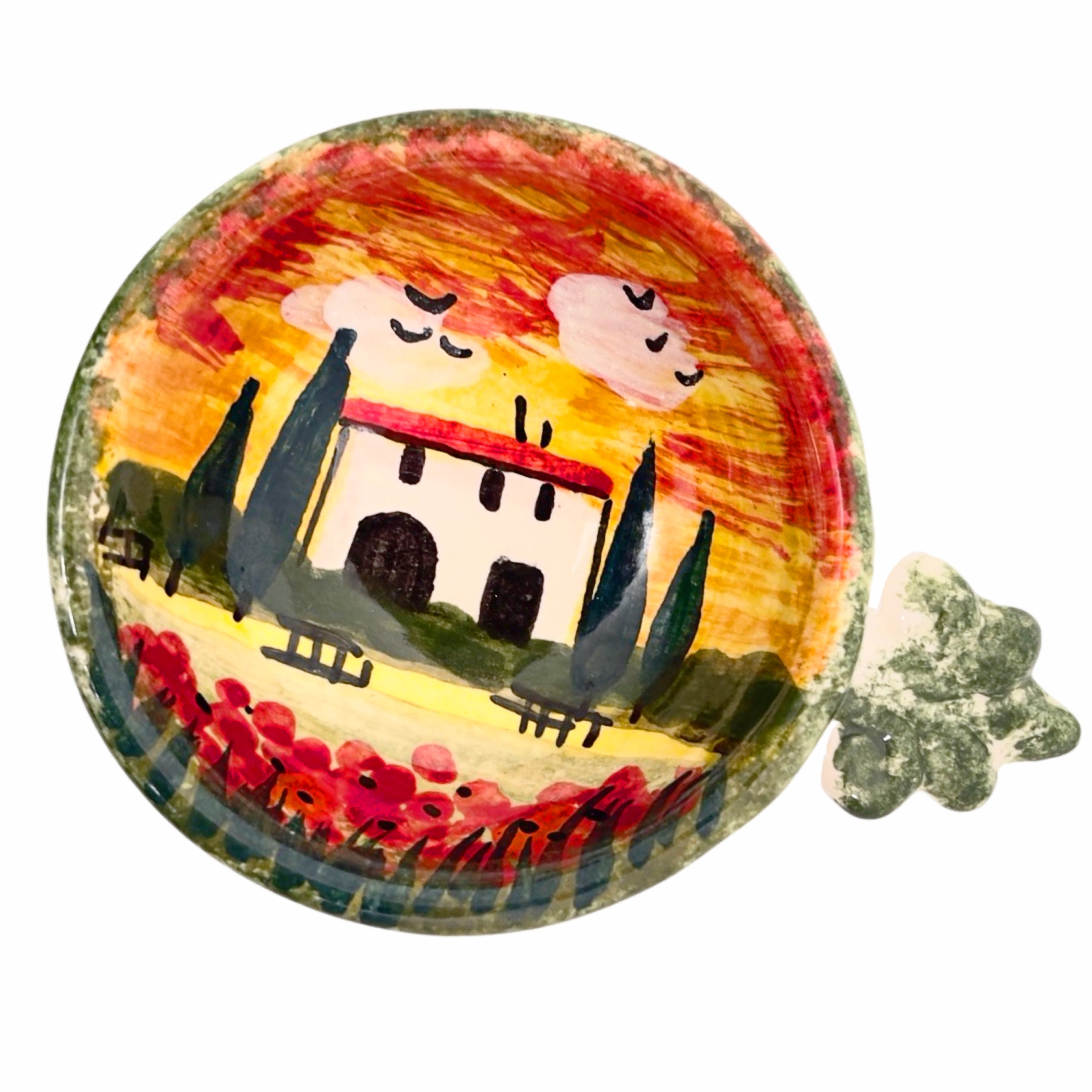 Tuscan Sunset Countryside Condiment Bowl with Green Handle, ceramics, pottery, italian design, majolica, handmade, handcrafted, handpainted, home decor, kitchen art, home goods, deruta, majolica, Artisan, treasures, traditional art, modern art, gift ideas, style, SF, shop small business, artists, shop online, landmark store, legacy, one of a kind, limited edition, gift guide, gift shop, retail shop, decorations, shopping, italy, home staging, home decorating, home interiors