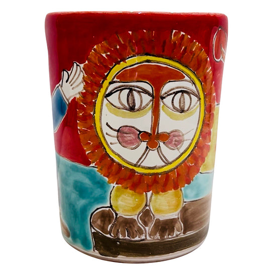 Lion Tamer Mug, ceramics, pottery, italian design, majolica, handmade, handcrafted, handpainted, home decor, kitchen art, home goods, deruta, majolica, Artisan, treasures, traditional art, modern art, gift ideas, style, SF, shop small business, artists, shop online, landmark store, legacy, one of a kind, limited edition, gift guide, gift shop, retail shop, decorations, shopping, italy, home staging, home decorating, home interiors