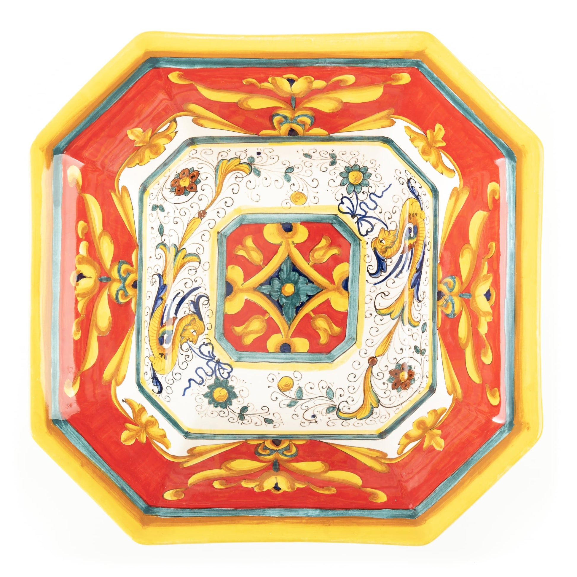 Raffaellesco Vario Rosso Octagonal Square Bowl, ceramics, pottery, italian design, majolica, handmade, handcrafted, handpainted, home decor, kitchen art, home goods, deruta, majolica, Artisan, treasures, traditional art, modern art, gift ideas, style, SF, shop small business, artists, shop online, landmark store, legacy, one of a kind, limited edition, gift guide, gift shop, retail shop, decorations, shopping, italy, home staging, home decorating, home interiors