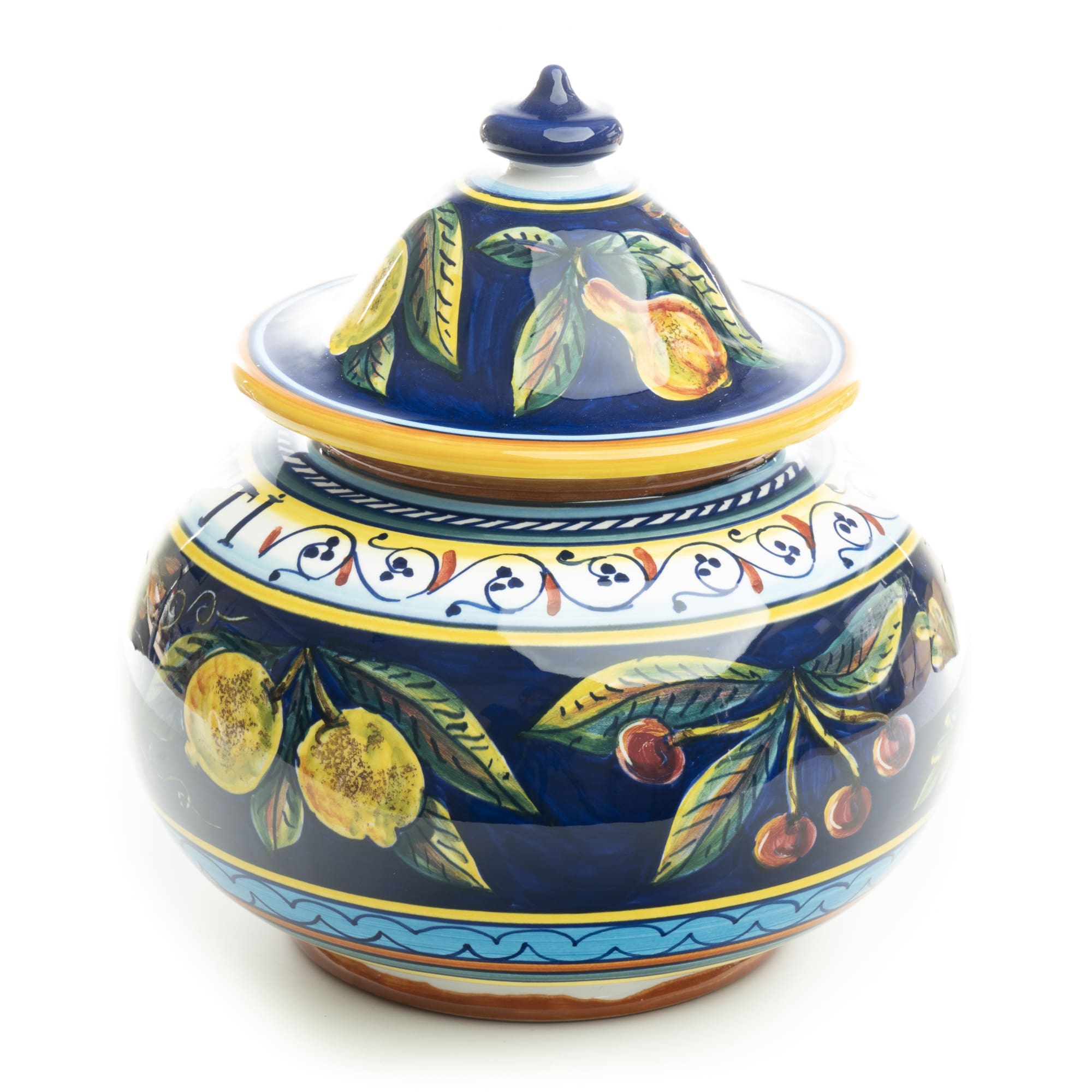 Collectible Majolica Round Biscotti Jar B-57, ceramics, pottery, italian design, majolica, handmade, handcrafted, handpainted, home decor, kitchen art, home goods, deruta, majolica, Artisan, treasures, traditional art, modern art, gift ideas, style, SF, shop small business, artists, shop online, landmark store, legacy, one of a kind, limited edition, gift guide, gift shop, retail shop, decorations, shopping, italy, home staging, home decorating, home interiors