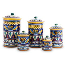 Collectible Majolica Canister Set, Pattern A, ceramics, pottery, italian design, majolica, handmade, handcrafted, handpainted, home decor, kitchen art, home goods, deruta, majolica, Artisan, treasures, traditional art, modern art, gift ideas, style, SF, shop small business, artists, shop online, landmark store, legacy, one of a kind, limited edition, gift guide, gift shop, retail shop, decorations, shopping, italy, home staging, home decorating, home interiors